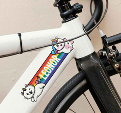 Autocollant Velo Arc-en-ciel avec deux licornes et chat características