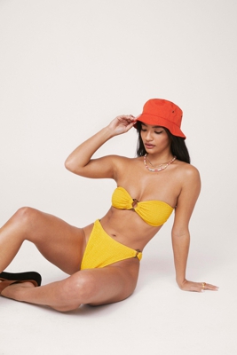 Bas De Bikini Texturé Taille Haute À Anneaux - Jaune - 34, Jaune
