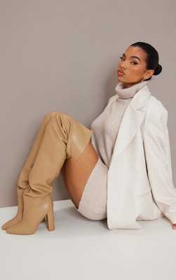 Cuissardes en similicuir sable à talon bloc et bout pointu, Sable