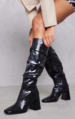 Bottes hautes carrées en similicuir croco noir à talon bloc, Noir