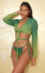 Crop top de plage en mousseline de soie vert foncé dégradé noué devant, Vert Foncé características