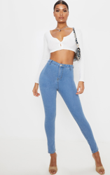 Jean skinny disco très délavé basique taille haute, Délavage bleu clair características