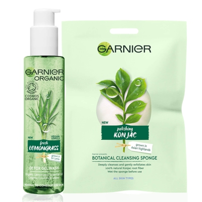 Garnier Organic Cleansing Set for All Skin Types: Lemongrass Gel Wash & Botanical Cleansing Sponge