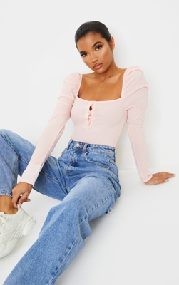 Body côtelé rose pâle à manches longues bouffantes, Rose pâle