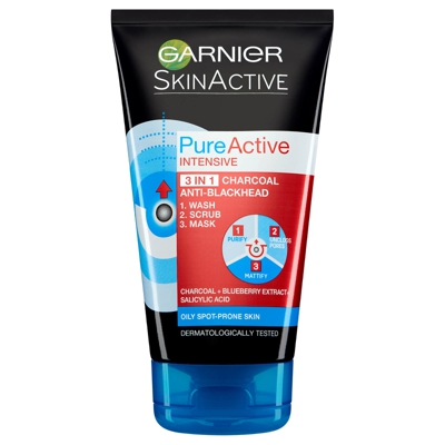 Gel Nettoyant Pure Active Intense 3-en-1 Nettoyant, Gommage et Masque Anti Points Noirs au Charbon Garnier 150 ml
