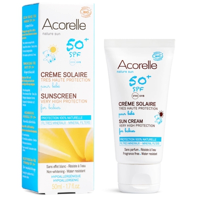 Crème solaire bio SPF 50+ pour bébé Acorelle – 3 mois et plus 50 ml