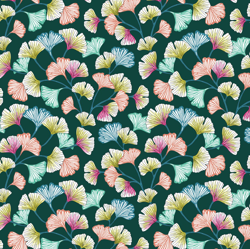 Tissu cretonne coton vert émeraude à motifs ginkgo biloba multicolores en oferta