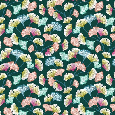 Tissu cretonne coton vert émeraude à motifs ginkgo biloba multicolores