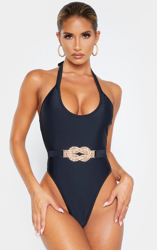 Maillot de bain noir à détail ceinture strassée, Noir características