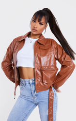 Veste en similicuir marron clair ceinturée à poches, Toffee características