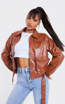 Veste en similicuir marron clair ceinturée à poches, Toffee