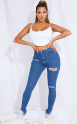 Shape - Jean stretch skinny moyennement délavé déchiré à ourlets fendus, Délavage bleu moyen precio