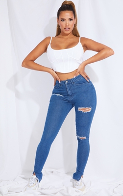 Shape - Jean stretch skinny moyennement délavé déchiré à ourlets fendus, Délavage bleu moyen