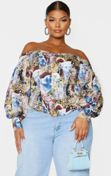 PLT Plus - Top corset col bateau à manches ballon imprimé Renaissance multicolore, Multicolore precio