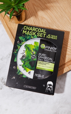 Garnier - Lot de 5 masques tissu au charbon noir et à l'algue marine, Noir
