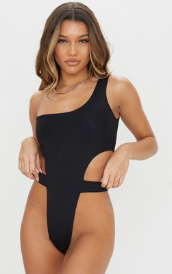 Maillot de bain très échancré noir à bande et découpe taille, Noir