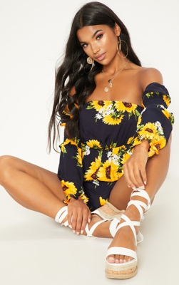 Combishort bleu marine à tournesol et col bateau, Bleu marine