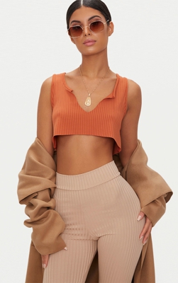 Crop top orange col en V à bords bruts, Orange brulé