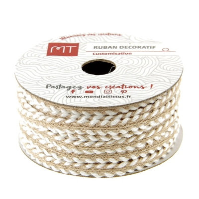 Bobine cordon tressé blanc et beige 6 mm