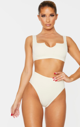 Top de bikini froncé gris pierre à col entaillé, Gris pierre precio