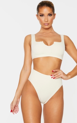 Top de bikini froncé gris pierre à col entaillé, Gris pierre