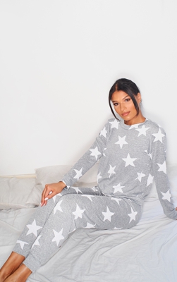 Ensemble de pyjama long gris & blanc à imprimé étoile, Gris