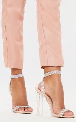 Sandales nude strassées à gros talon transparent, Neutre