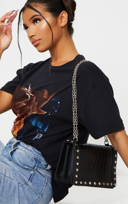 Sac à bandoulière clouté noir imitation croco, Noir