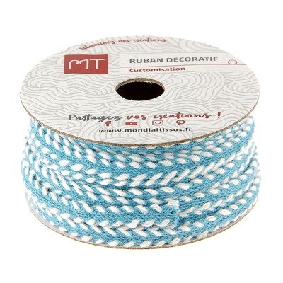 Bobine cordon tressé bleu et blanc 6 mm