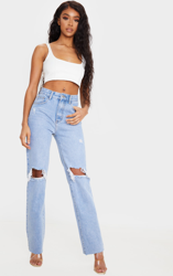 Jean droit bleu clair délavé à taille haute et détail déchiré, Délavage bleu clair características