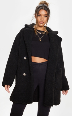 Manteau mi-long en imitation peau de mouton noir, Noir