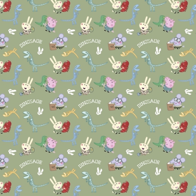 Tissu coton Peppa George et dino vert