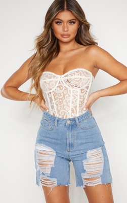 Top structuré style corset en dentelle blanche transparente, Blanc