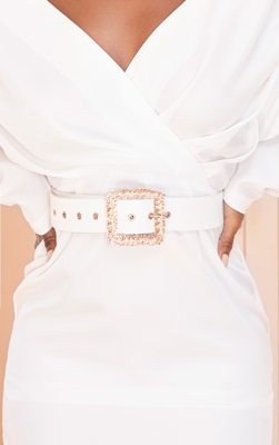 Ceinture blanche à boucle carrée design feuilles dorées, Blanc