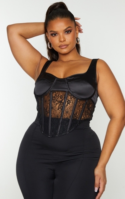 PLT Plus - Top style corset noir satiné à partie en dentelle, Noir
