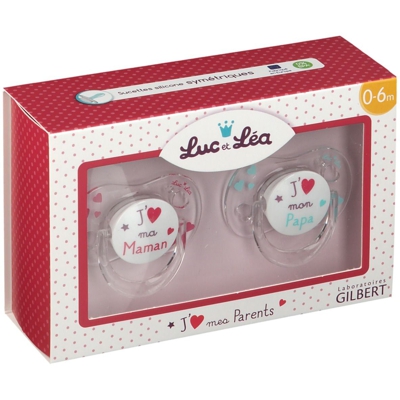 Luc et Léa Sucettes symétriques J'aime ma maman/J'aime mon papa +6 mois