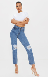 PRETTYLITTLETHING - Jean mom bleu foncé déchiré aux genoux, Délavage bleu foncé precio