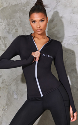 PRETTYLITTLETHING - Top de sport noir zippé à détails réfléchissants, Noir precio