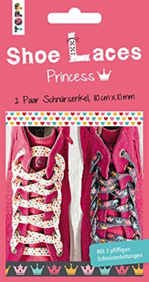 Shoe Laces Set Princess: 2 Paar Motiv-Schnürsenkel (Kronen/ Herzen), 110 cm x 10 mm, mit 3 pfiffigen Schnüranleitungen
