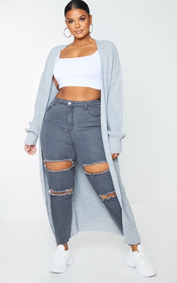 PLT Plus - Gilet en maille tricot très long gris clair, Gris