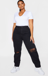 PRETTYLITTLETHING Plus - Jean mom noir délavé déchiré aux genoux, Noir precio