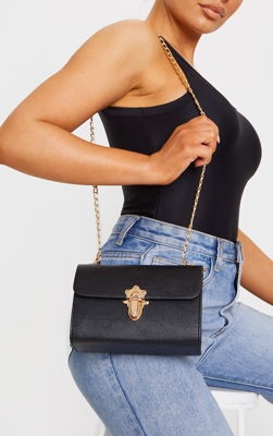 Sac à bandoulière noir en similicuir à détail boucle dorée, Noir