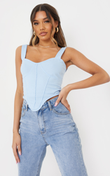 Crop top côtelé bleu ciel à coutures corset bustier, Bleu características