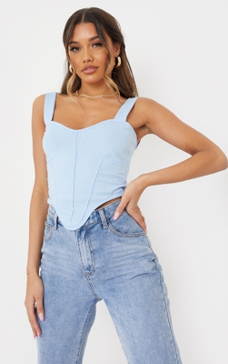 Crop top côtelé bleu ciel à coutures corset bustier, Bleu