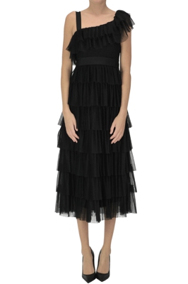 One-shoulder pleated tulle dress