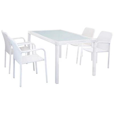 Axona - Set Tavolo Da Giardino Con Piano In Vetro 150 X 90 Compreso Di 4 Poltrone Intreccio In Rattan Sintetico