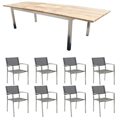 Jupiter - Set Tavolo In Teak E Acciaio Cm 160/240 X 90 X 75 H Con 8 Sedute