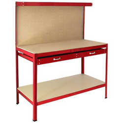 Banco Da Lavoro A 3 Livelli Con Piano Da 120x60cm Ultra Resistente E Pannello Parete Forata Porta Attrezzi Utensili E 40 Ganci Universali + 2 Mensole E Cassetto - Rosso en oferta