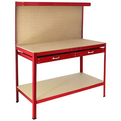 Banco Da Lavoro A 3 Livelli Con Piano Da 120x60cm Ultra Resistente E Pannello Parete Forata Porta Attrezzi Utensili E 40 Ganci Universali + 2 Mensole E Cassetto - Rosso