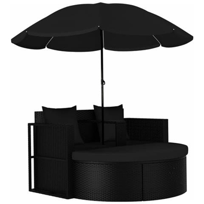 Lettino Da Giardino Con Parasole In Polyrattan Nero